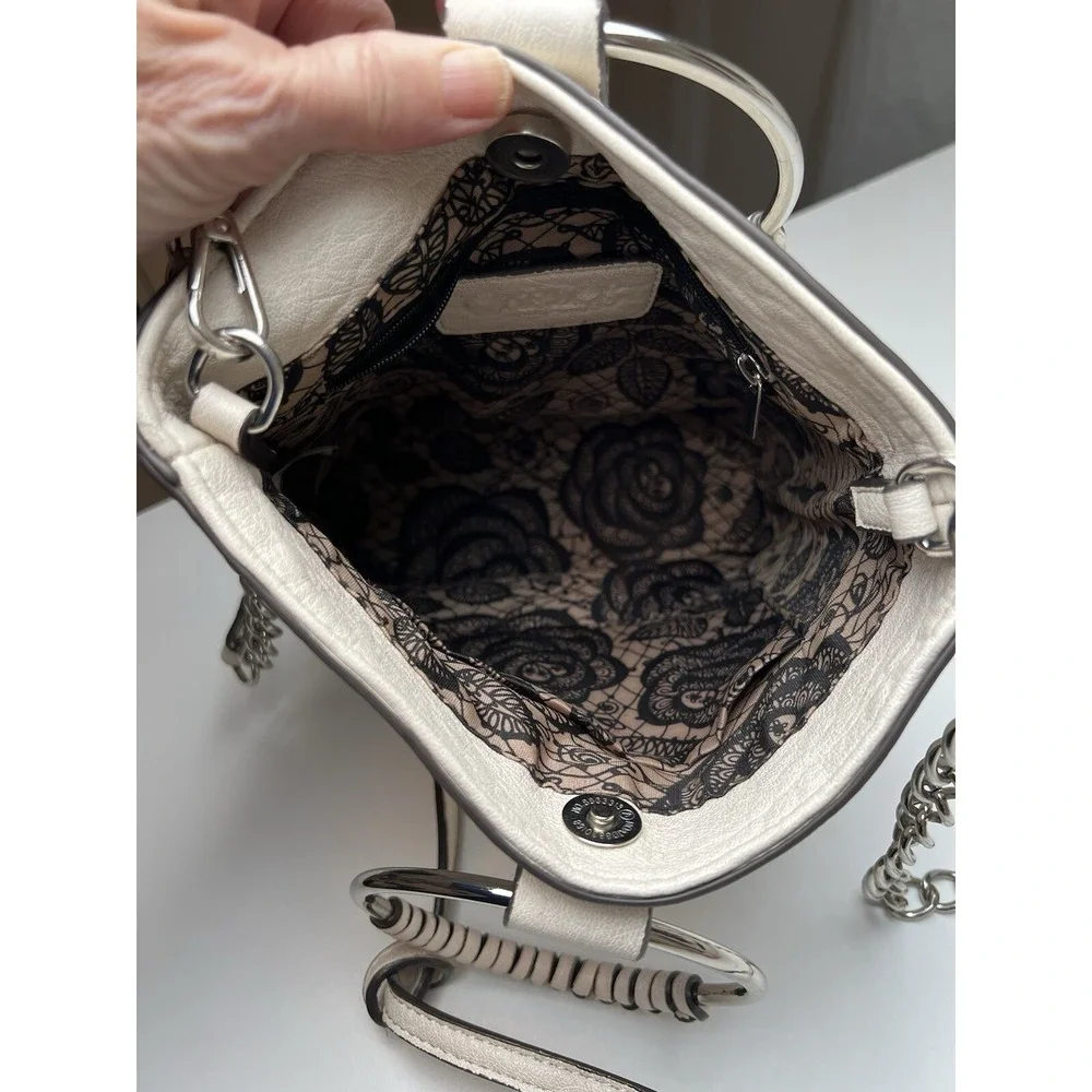 Carlos Santana Ivory Vegan Leather Bucket Round Covered Handles Cross Body Bag